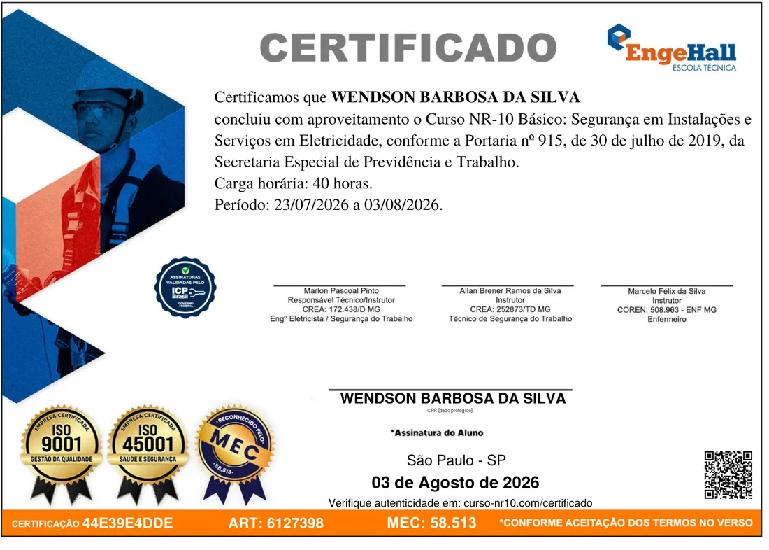 Certificado NR-10 Básico de Wendson Barbosa da Silva, emitido pela EngeHall Escola Técnica