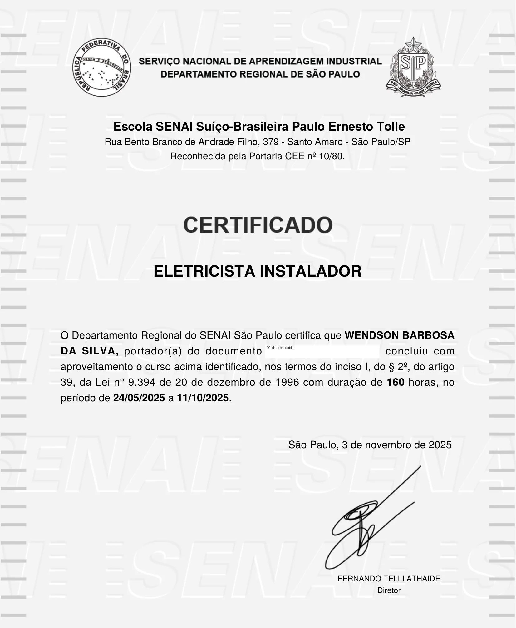 Certificado de Eletricista Instalador de Wendson Barbosa da Silva, emitido pelo SENAI São Paulo